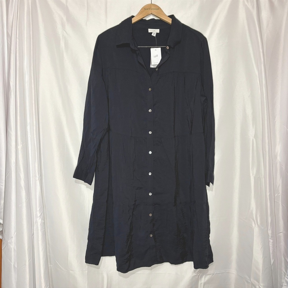 J. Jill Navy Blue Tiered Button Down Shirt Dress XLP Petite NWT 237482